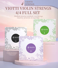 Load image into Gallery viewer, Viotti Violin Strings 4/4 Full Set | Medium Tension Synthetic-Core Strings with Gold E String for Brilliance, Power &amp; Projection, Silver Wound D &amp; G Strings, and Aluminum Wound A String